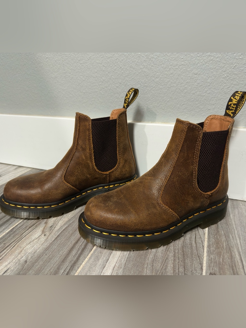 Dr. Martens Brown Leather Chelsea Ankle Boots with Yellow Stitching